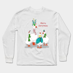 Merry Christmas Geese in pen and watercolors Long Sleeve T-Shirt